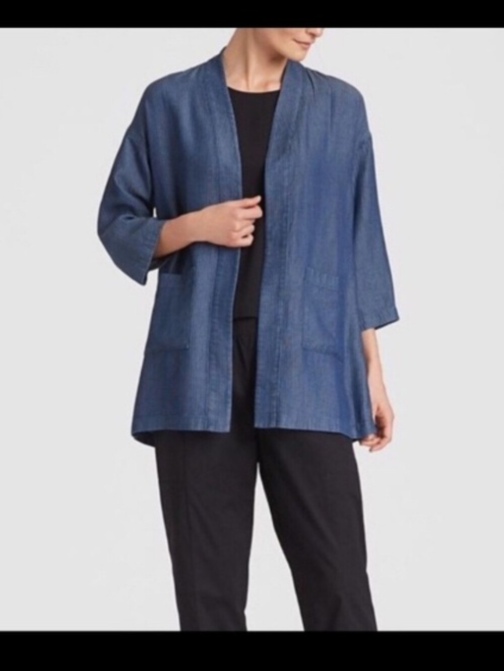 Eileen Fisher Tencel Grid Indigo Open-Front Kimono Jacket